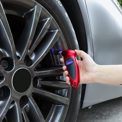 Elevate Automotive red digital tire pressure gauge checking car tire pressure.