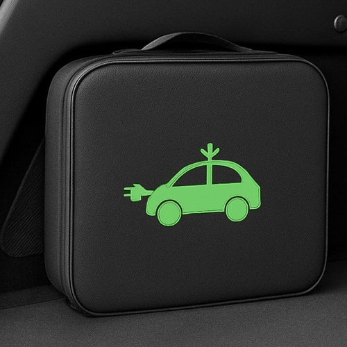 Elevate Automotive black EV charging cable storage bag with green car and plug graphic. Water-resistant.