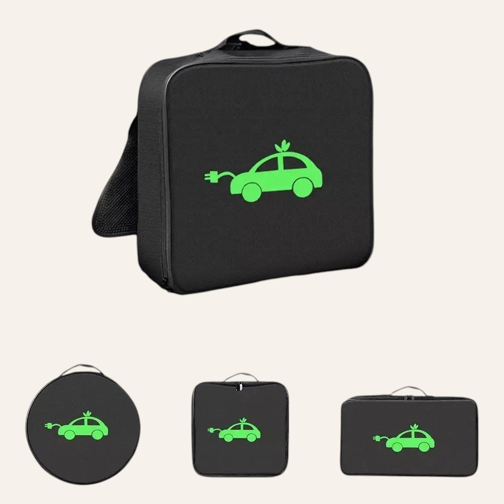 Elevate Automotive black EV charging cable storage bag with green car and plug logo. Durable, water-resistant, organized interior.