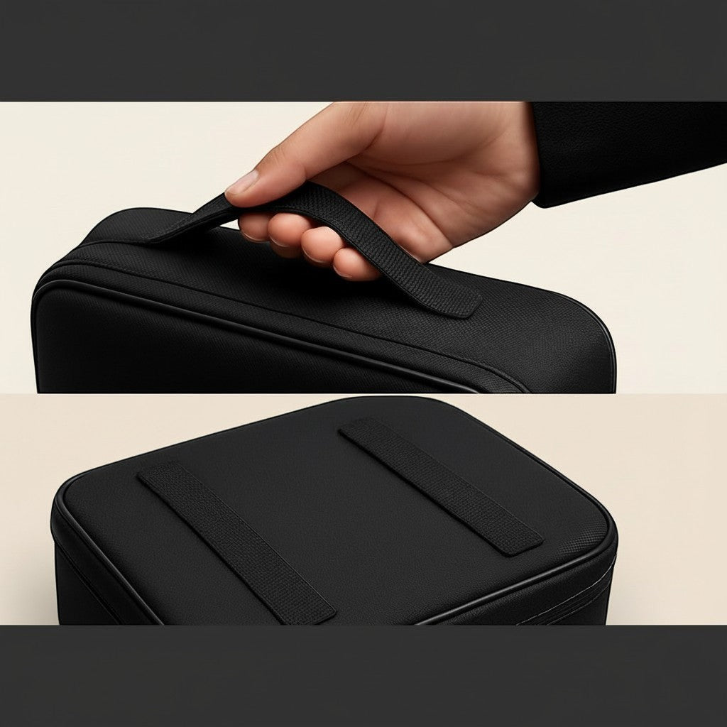 Elevate Automotive black durable water-resistant EV charging cable storage bag with interior pockets and handle.