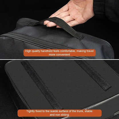 Elevate Automotive black durable water-resistant EV charging cable storage bag with interior pockets and handle.