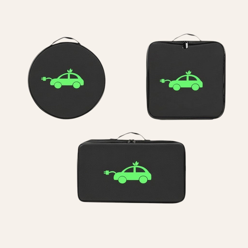 Elevate Automotive black EV charging cable storage bag with green car and plug logo. Available in round, square, and rectangular shapes.