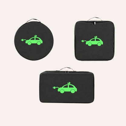 Elevate Automotive black EV charging cable storage bag with green car and plug logo. Available in round, square, and rectangular shapes.