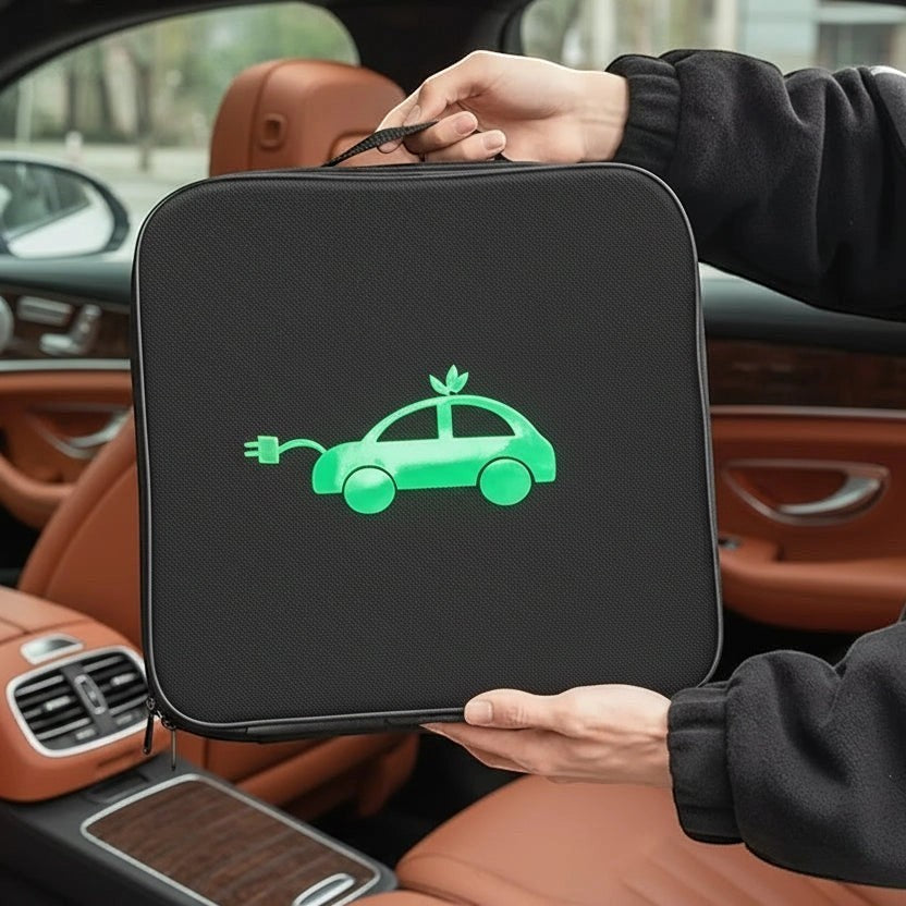 Elevate Automotive black EV charging cable storage bag with green car and plug logo. Water-resistant exterior, interior pockets.