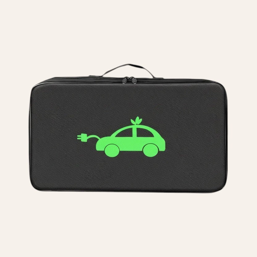Elevate Automotive black water-resistant EV charging cable storage bag with green car and plug logo.