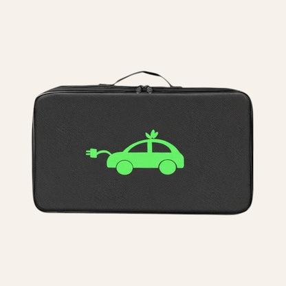 Elevate Automotive black water-resistant EV charging cable storage bag with green car and plug logo.