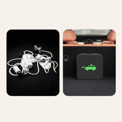 Elevate Automotive black EV charging cable storage bag with green car logo, organized interior pockets for cables and accessories.