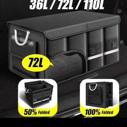 Elevate Automotive black waterproof Oxford cloth foldable trunk storage box with alloy handles, available in 36L, 72L, and 110L.