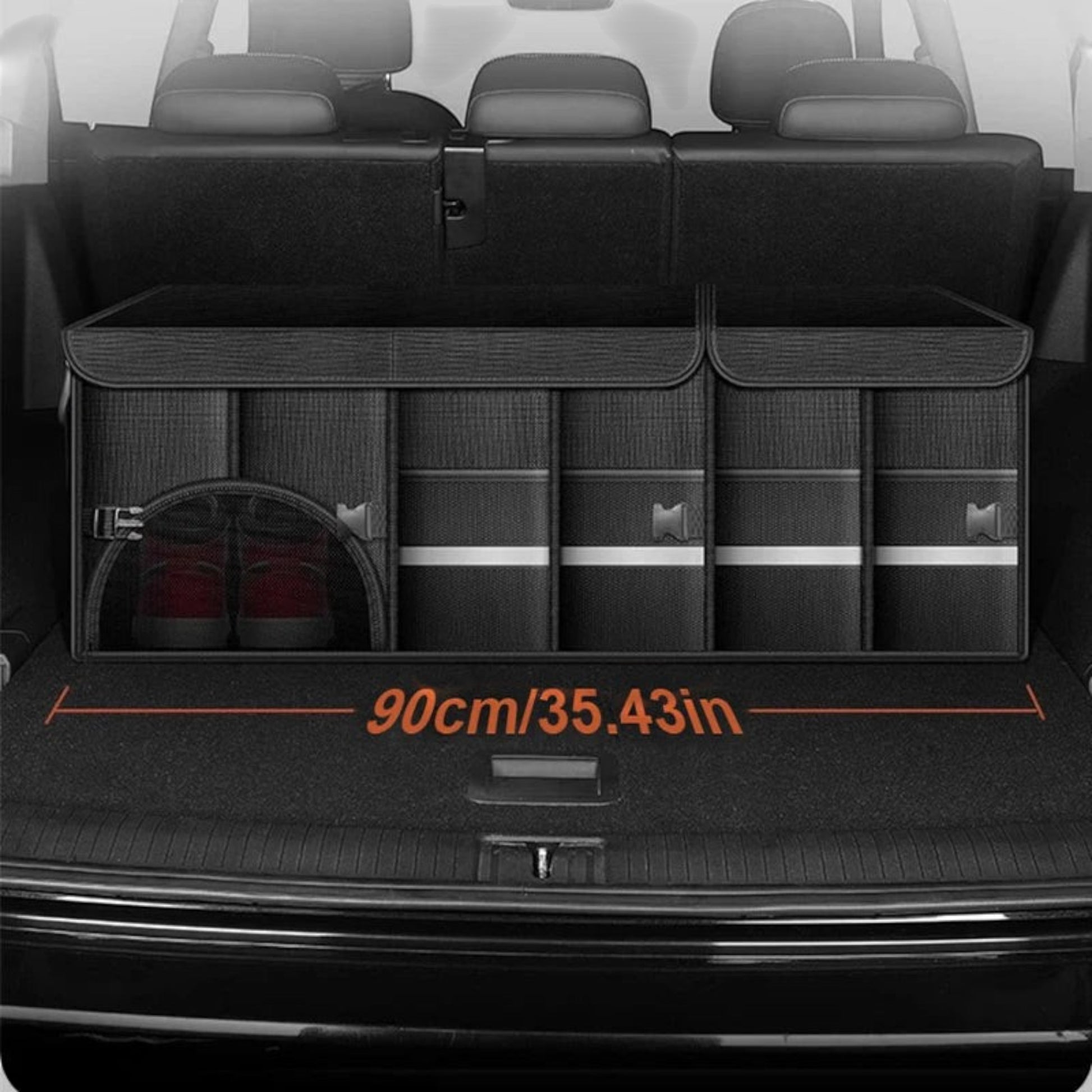 Elevate Automotive black foldable waterproof Oxford cloth trunk storage box with multiple compartments and alloy handles, shown in a car boot.