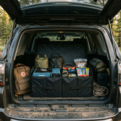 Elevate Automotive black foldable waterproof Oxford cloth trunk storage box with multiple compartments, camping gear inside.