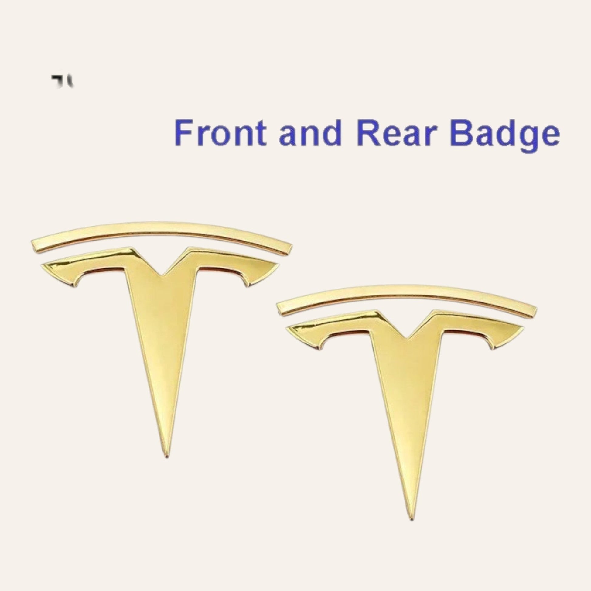 Elevate Automotive gold Tesla emblem badges for Model 3 & Y. Set of 2 ABS emblems with pre-applied 3M adhesive.