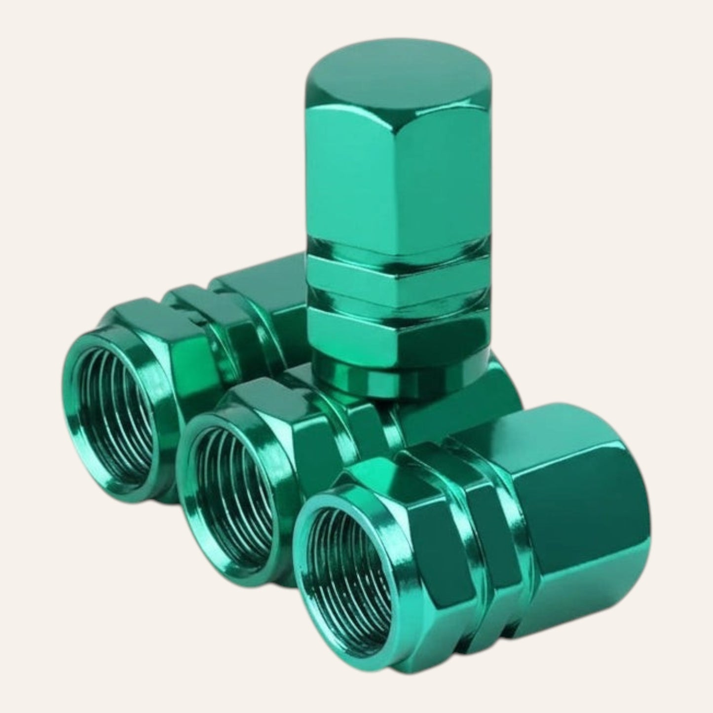 Elevate Automotive teal metallic machined aluminum tire valve caps set of 4. Leak-proof and corrosion-resistant.