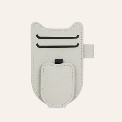 Elevate Automotive white faux leather car visor organizer with card slots and magnetic closure.