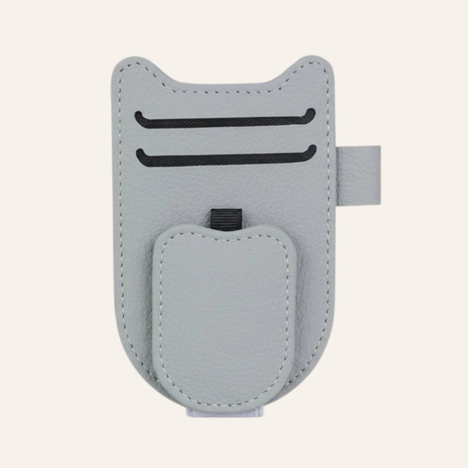 Elevate Automotive grey faux leather car visor organizer for sunglasses and cards with magnetic closure.