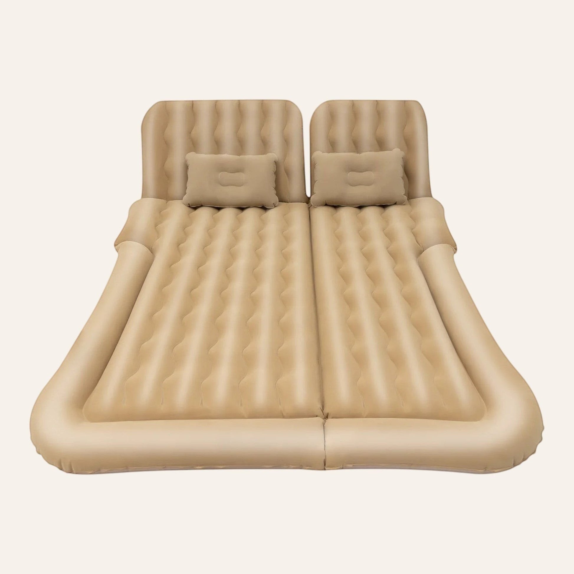 Elevate Automotive beige inflatable car camping mattress with two pillows, 6 chambers, and ergonomic design.