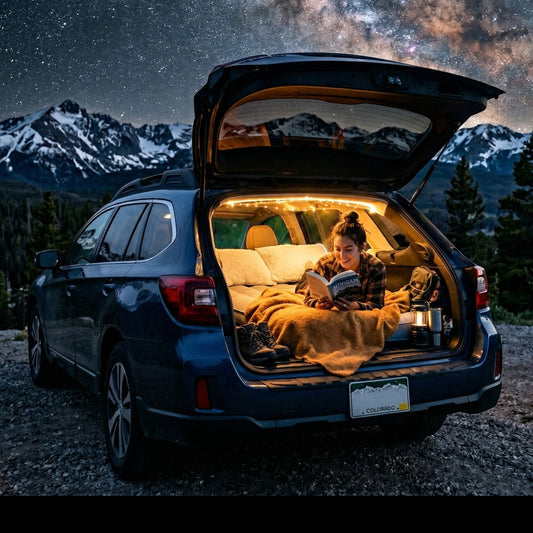 Elevate Automotive luxury inflatable car camping mattress with pillows and pump, beige flocking PVC, universal fit for SUVs.