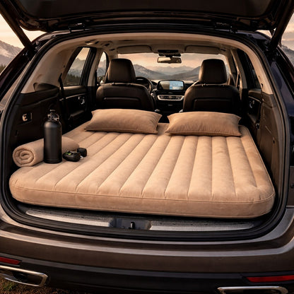 Elevate Automotive beige inflatable car camping mattress with pillows and pump, fits SUVs and hatchbacks.