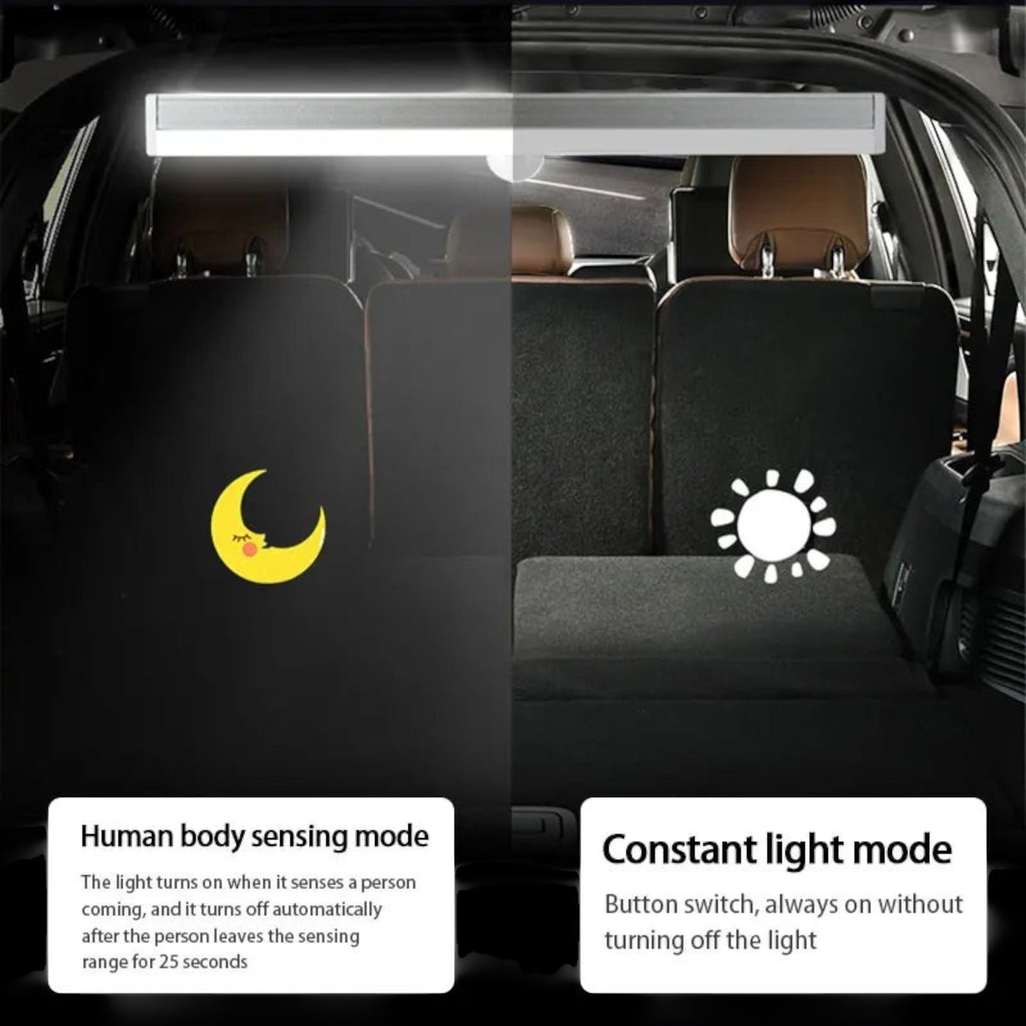 Elevate Automotive magnetic LED trunk light with motion sensor and constant light modes for camping and emergencies.