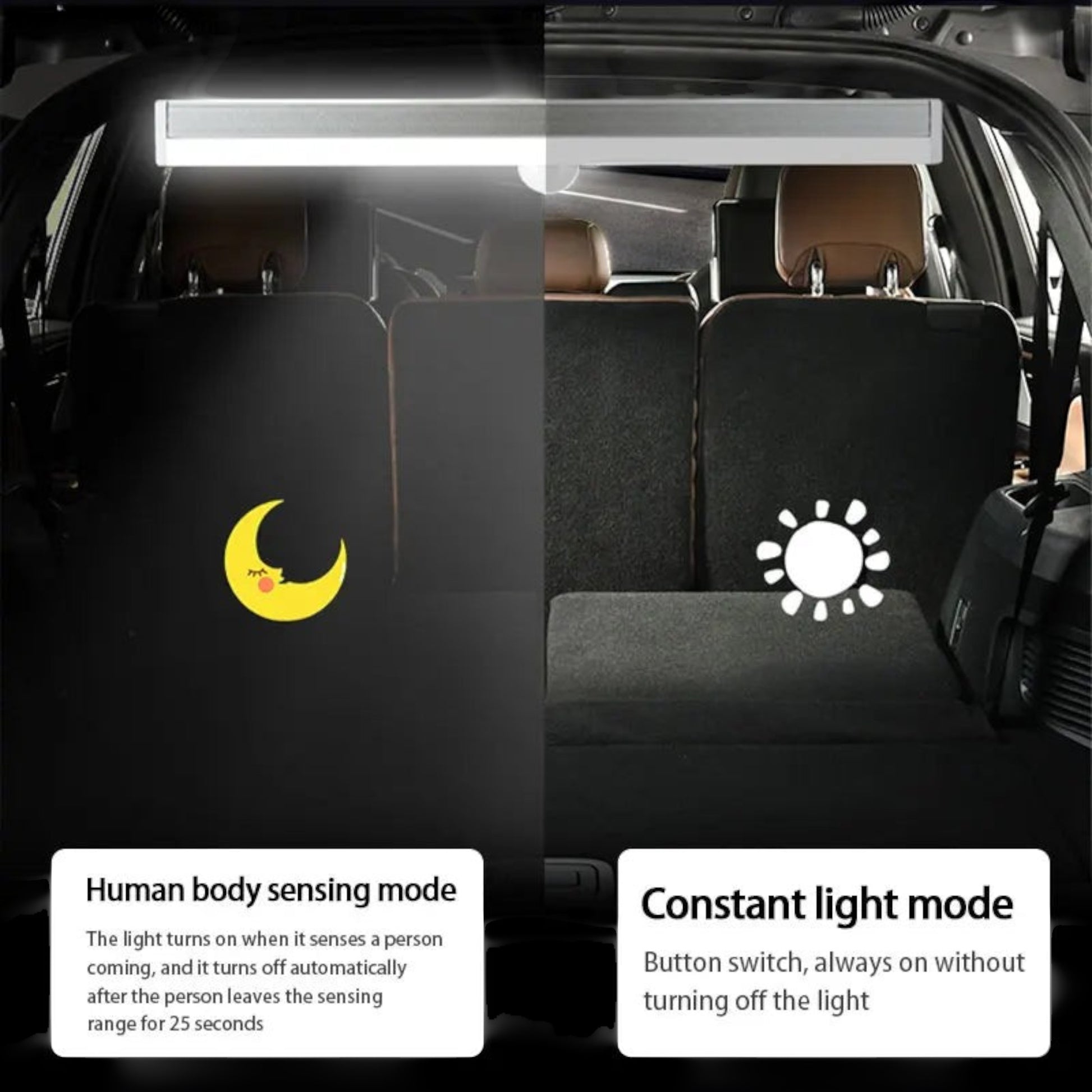 Elevate Automotive magnetic LED trunk light with motion sensor and constant light modes for camping and emergencies.