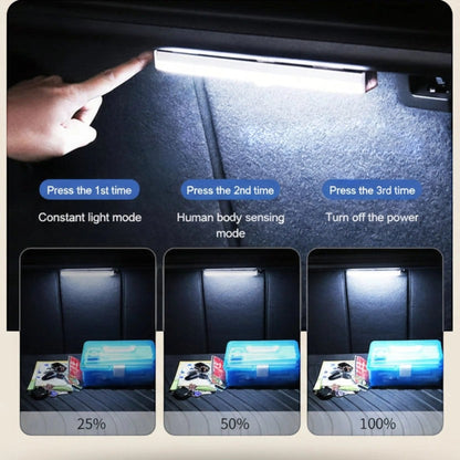 Elevate Automotive magnetic LED trunk light with motion sensor and rechargeable battery, ideal for camping and emergencies.