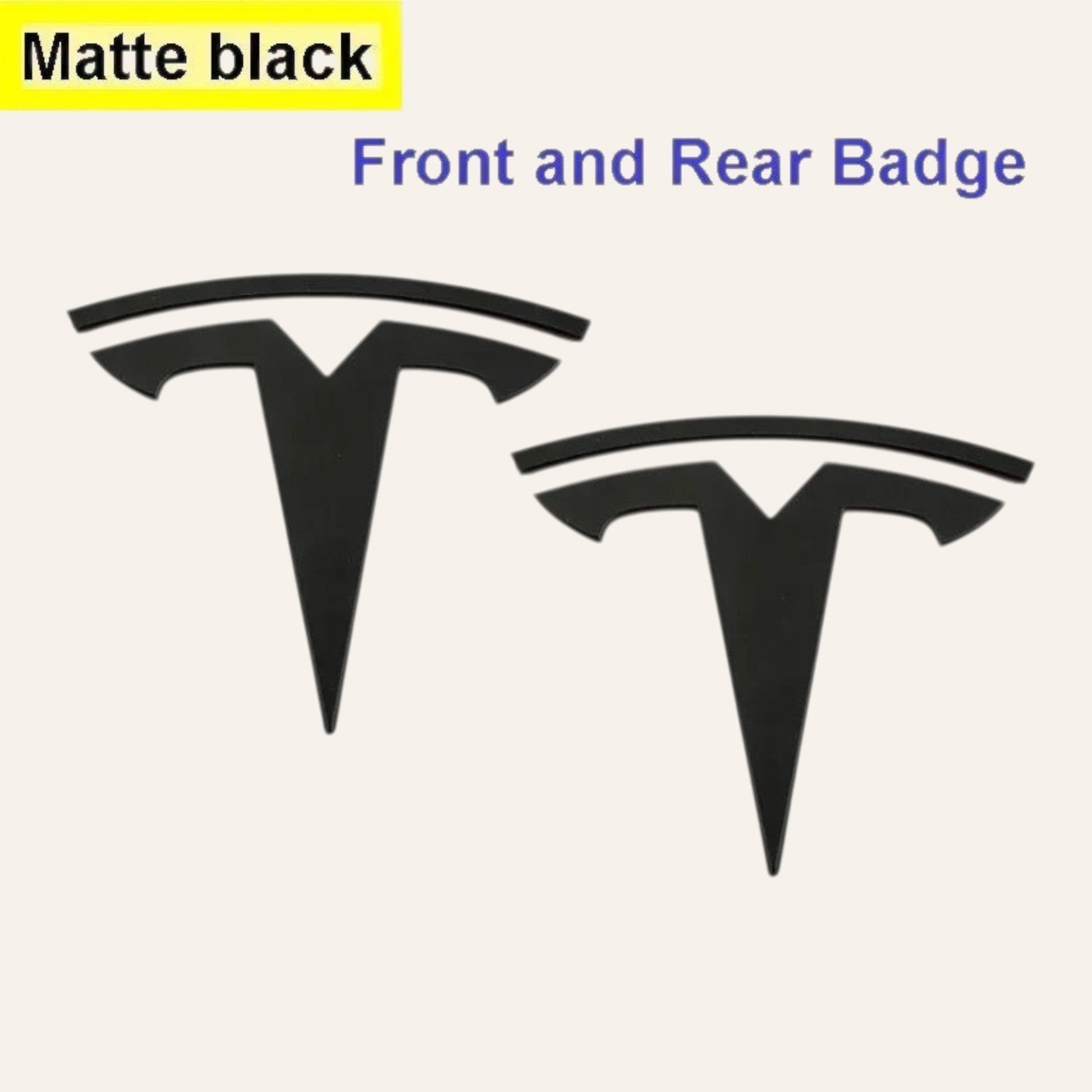 Elevate Automotive matte black Tesla emblem badge upgrade set for Model 3 & Y. Includes front and rear ABS badges.