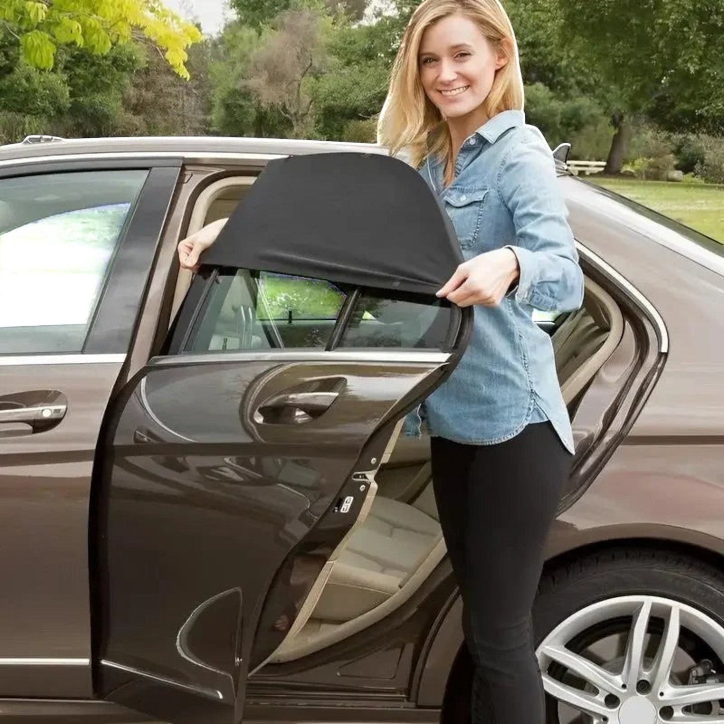 Elevate Automotive black mesh car window shades, set of 4, offering UV protection and privacy while allowing airflow.