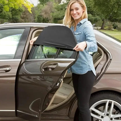 Elevate Automotive black mesh car window shades, set of 4, offering UV protection and privacy while allowing airflow.