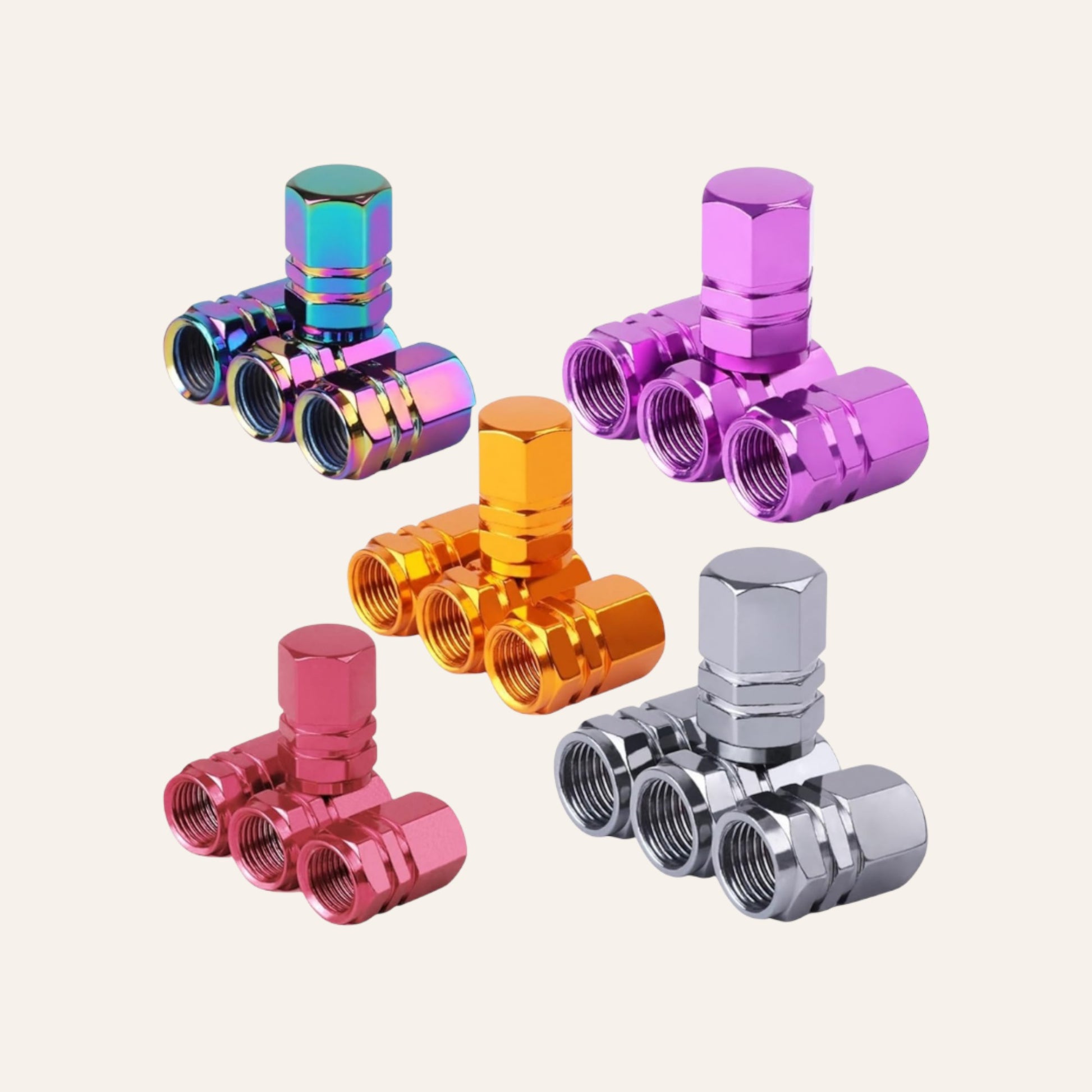 Elevate Automotive premium metal tire valve caps in rainbow, purple, gold, pink, and silver finishes.
