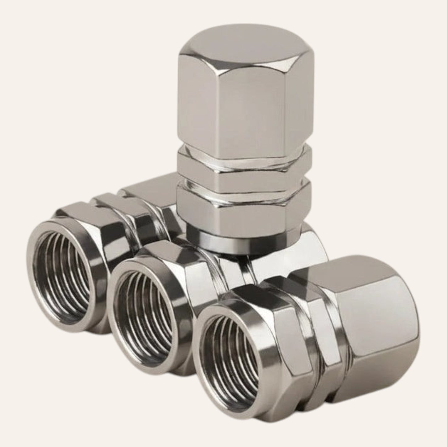 Elevate Automotive silver metal tire valve caps, set of 4, with leak-proof and corrosion-resistant finish.