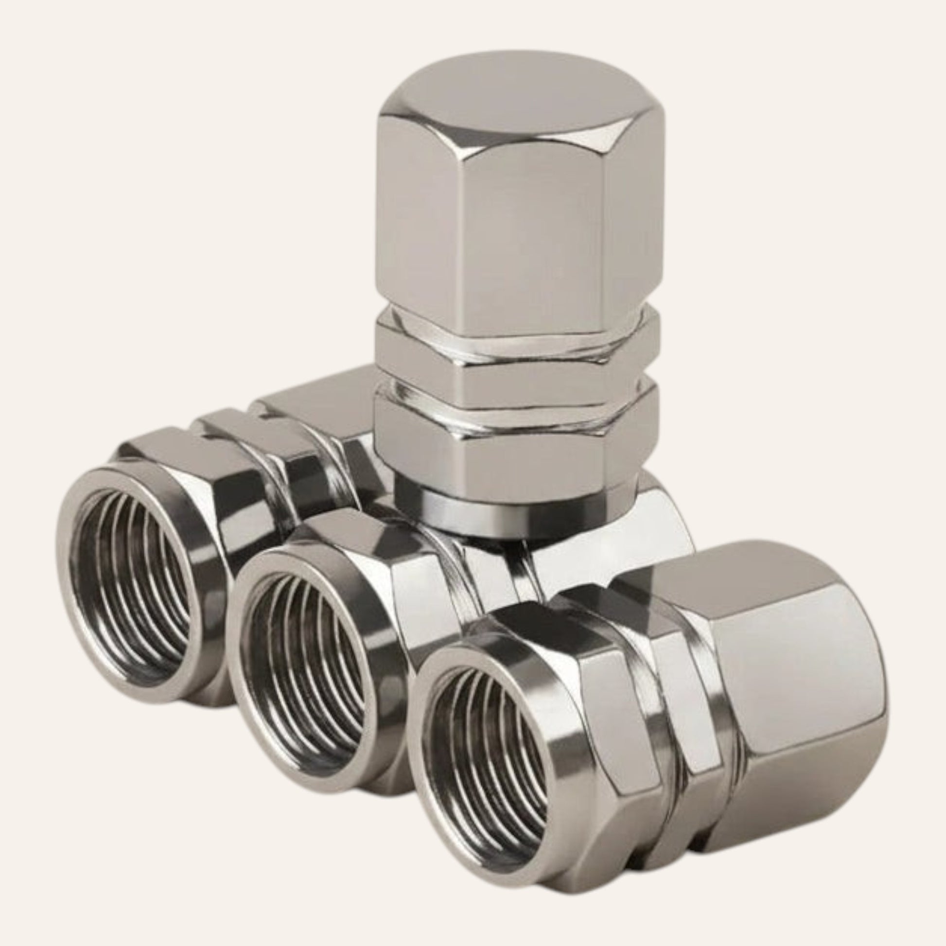 Elevate Automotive silver metal tire valve caps, set of 4, with leak-proof and corrosion-resistant finish.