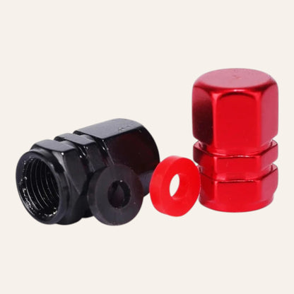 Elevate Automotive red and black machined aluminum tire valve caps with leak-proof seal. Set of 4.