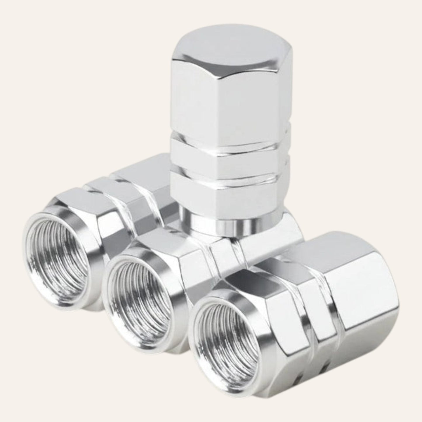 Elevate Automotive silver machined aluminum tire valve caps set of 4. Corrosion-resistant and leak-proof.
