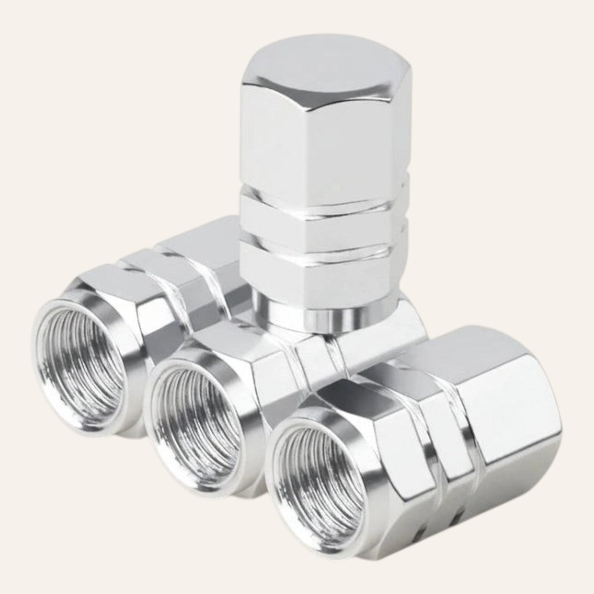 Elevate Automotive silver machined aluminum tire valve caps set of 4. Corrosion-resistant and leak-proof.