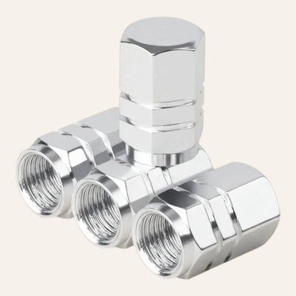 Elevate Automotive silver machined aluminum tire valve caps set of 4. Corrosion-resistant and leak-proof.