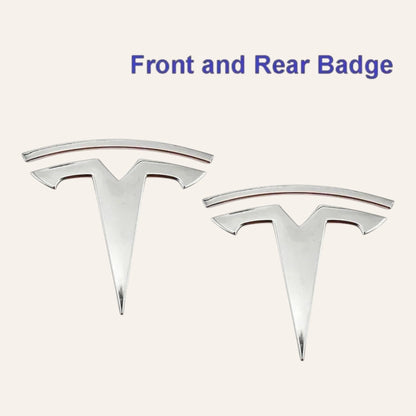 Elevate Automotive silver Tesla emblem badge upgrade set for Model 3 & Y. ABS, waterproof, rustproof.