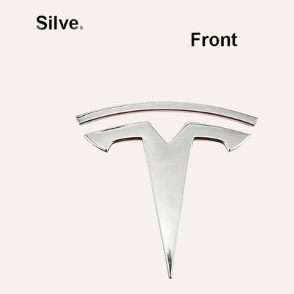 Elevate Automotive silver Tesla emblem badge upgrade for Model 3 & Y. Set of 2 ABS emblems with 3M adhesive.