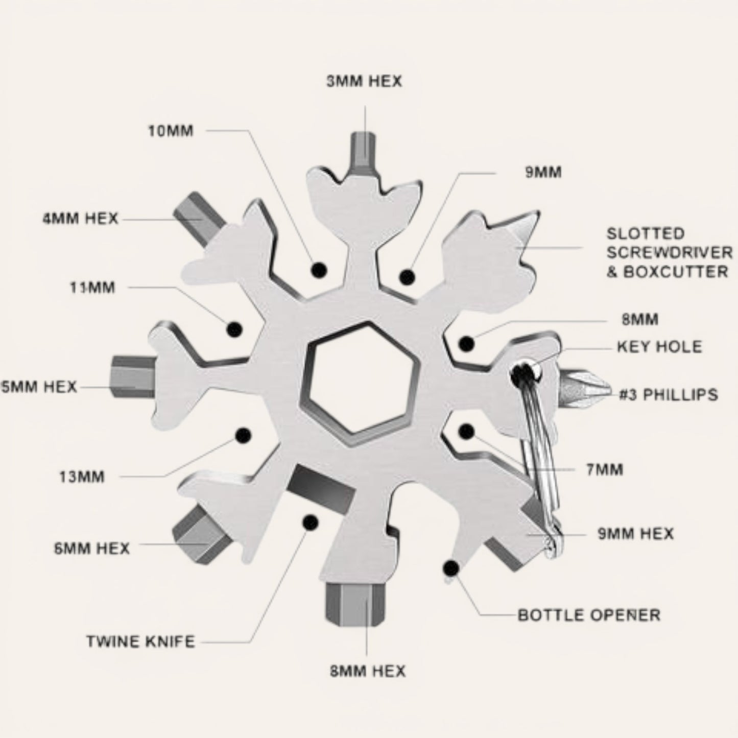 Elevate Automotive Snowflake Stainless Steel Multi-Tool with screwdriver, bottle opener, hex wrenches, and keychain loop.