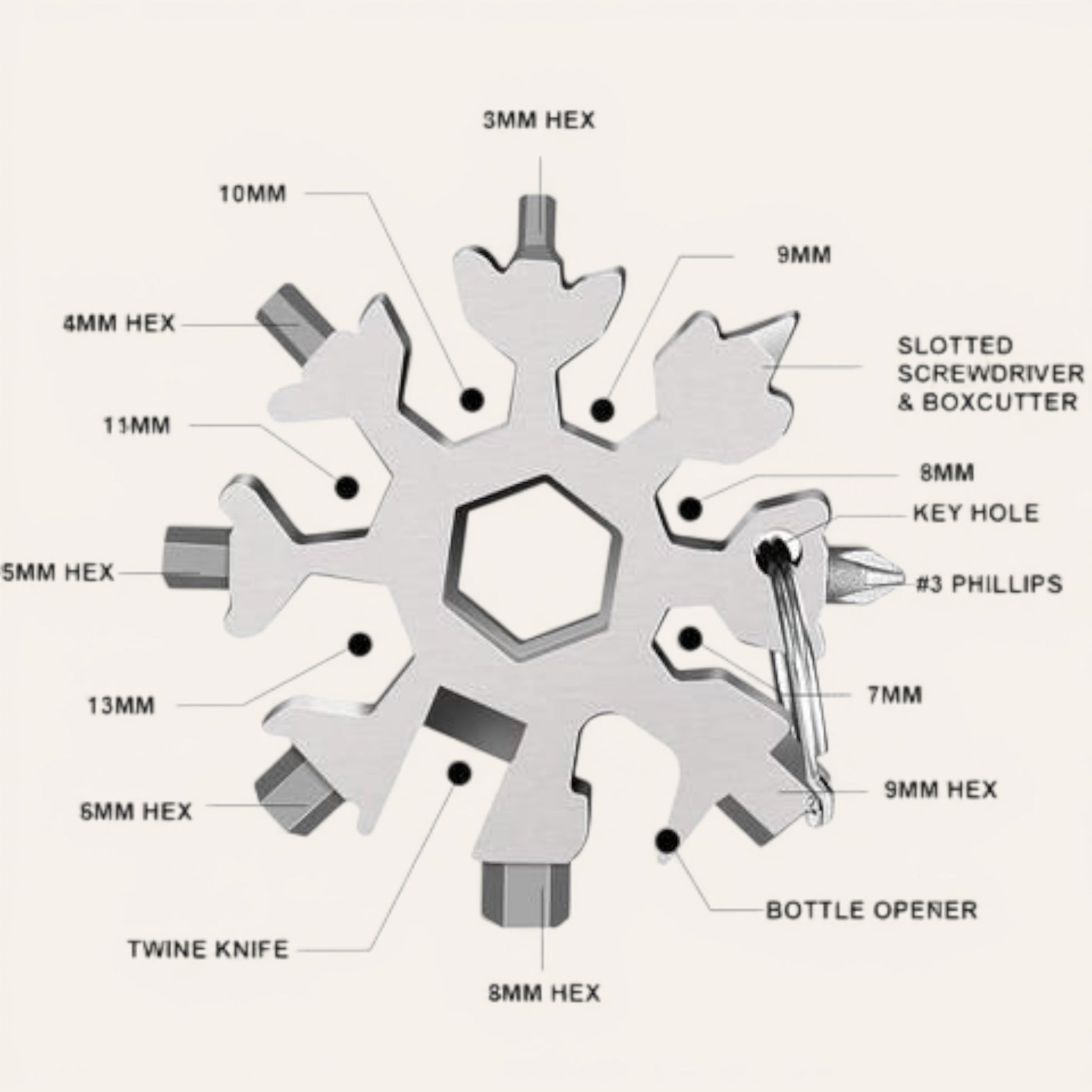 Elevate Automotive Snowflake Stainless Steel Multi-Tool with screwdriver, bottle opener, hex wrenches, and keychain loop.