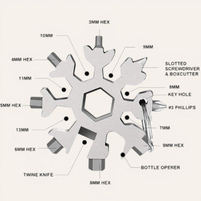 Elevate Automotive Snowflake Stainless Steel Multi-Tool with screwdriver, bottle opener, hex wrenches, and keychain loop.