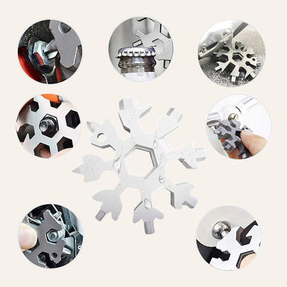 Elevate Automotive stainless steel snowflake multi-tool with screwdriver, bottle opener, and hex wrench functions.