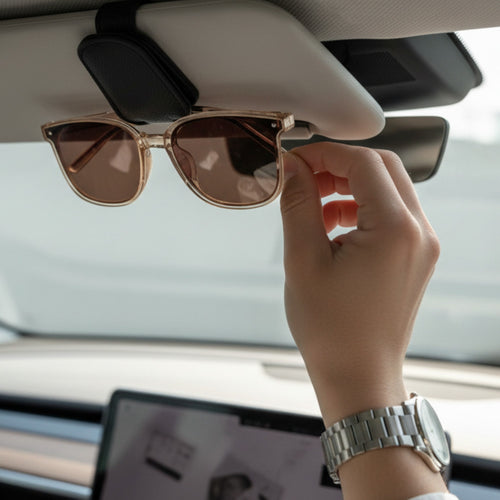 Elevate Automotive car sunglasses visor clip in black, red, grey, and beige. Soft lining protects lenses.