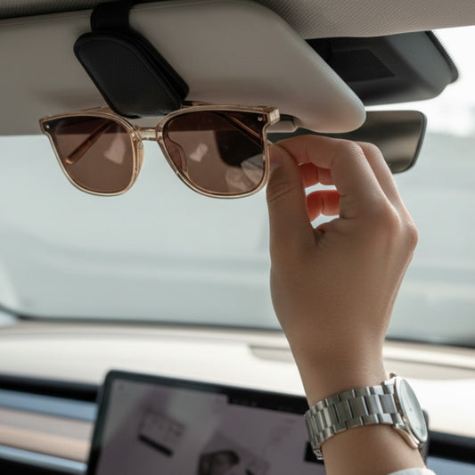 Elevate Automotive car sunglasses visor clip in black, red, grey, and beige. Soft lining protects lenses.