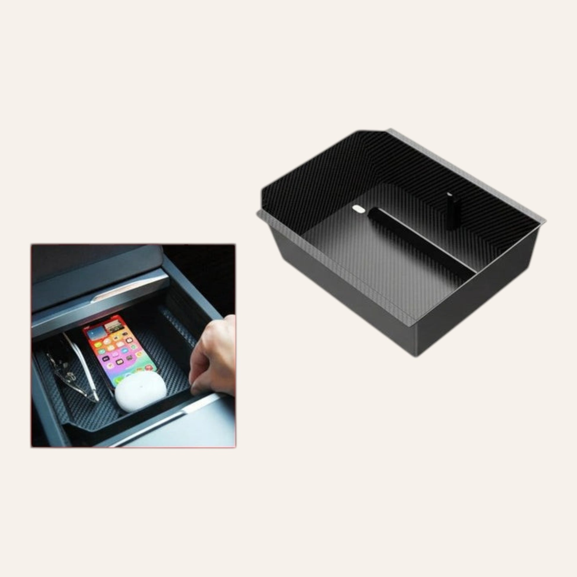 Elevate Automotive black carbon fiber center console organizer tray for Tesla Model 3 Highland & Y Juniper with phone and keys.