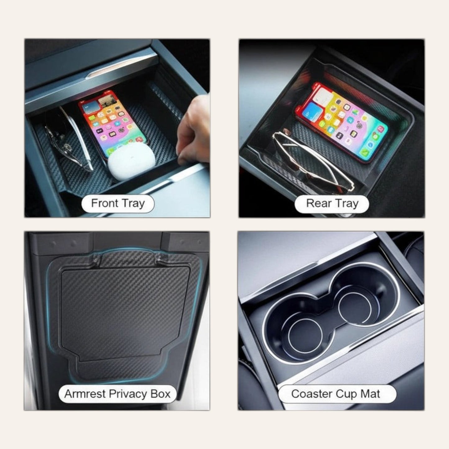 Elevate Automotive Tesla Model 3 Highland/Y Juniper center console organizer with front tray, rear tray, armrest box, and coaster cup mat. Black carbon fiber.