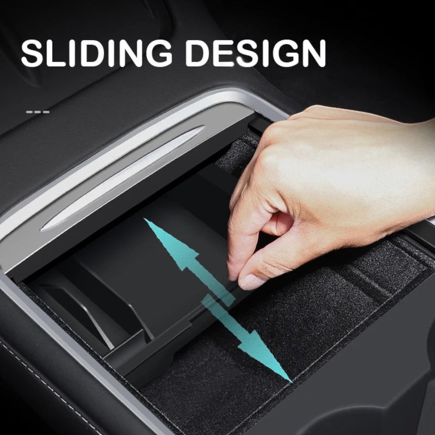Elevate Automotive sliding center console organizer for Tesla Model 3 Y (2021-2023) with dedicated slots.