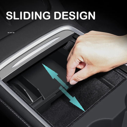 Elevate Automotive sliding center console organizer for Tesla Model 3 Y (2021-2023) with dedicated slots.