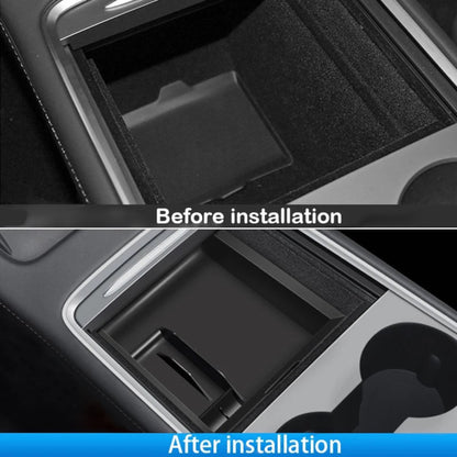 Elevate Automotive black hidden storage tray organizer for Tesla Model 3 Y (2021-2023) center console.