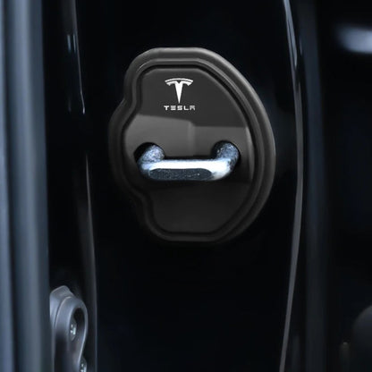 Elevate Automotive black Tesla door lock covers for Model 3/Y, protecting metal and enhancing interior.