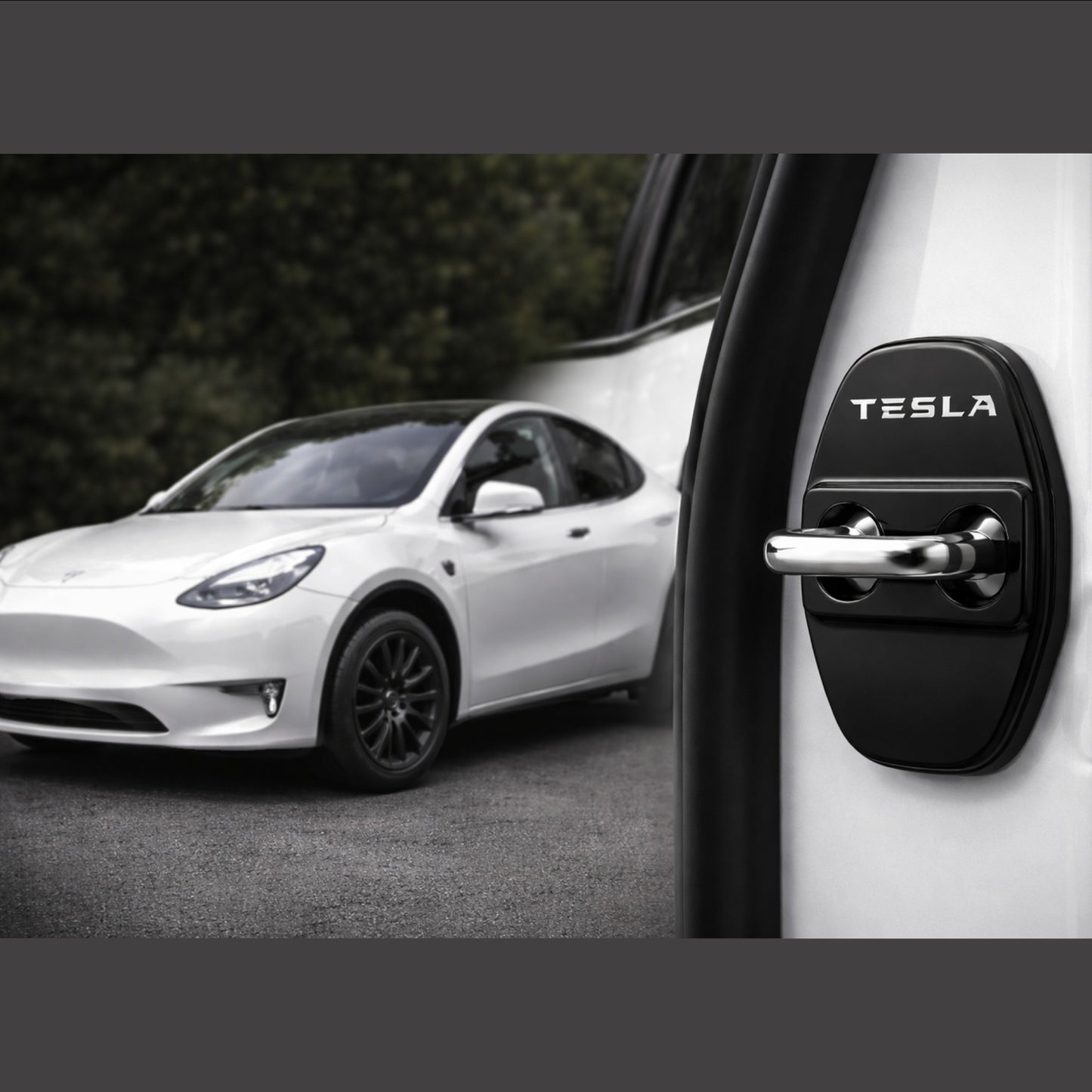 Elevate Automotive black Tesla door lock covers for Model 3/Y, protecting against scratches with snap-fit installation.