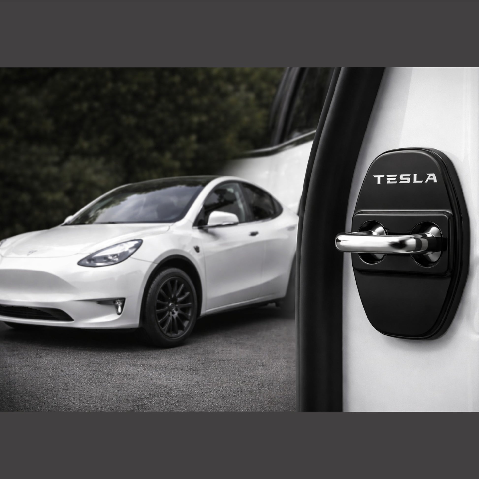 Elevate Automotive black Tesla door lock covers for Model 3/Y, protecting against scratches with snap-fit installation.